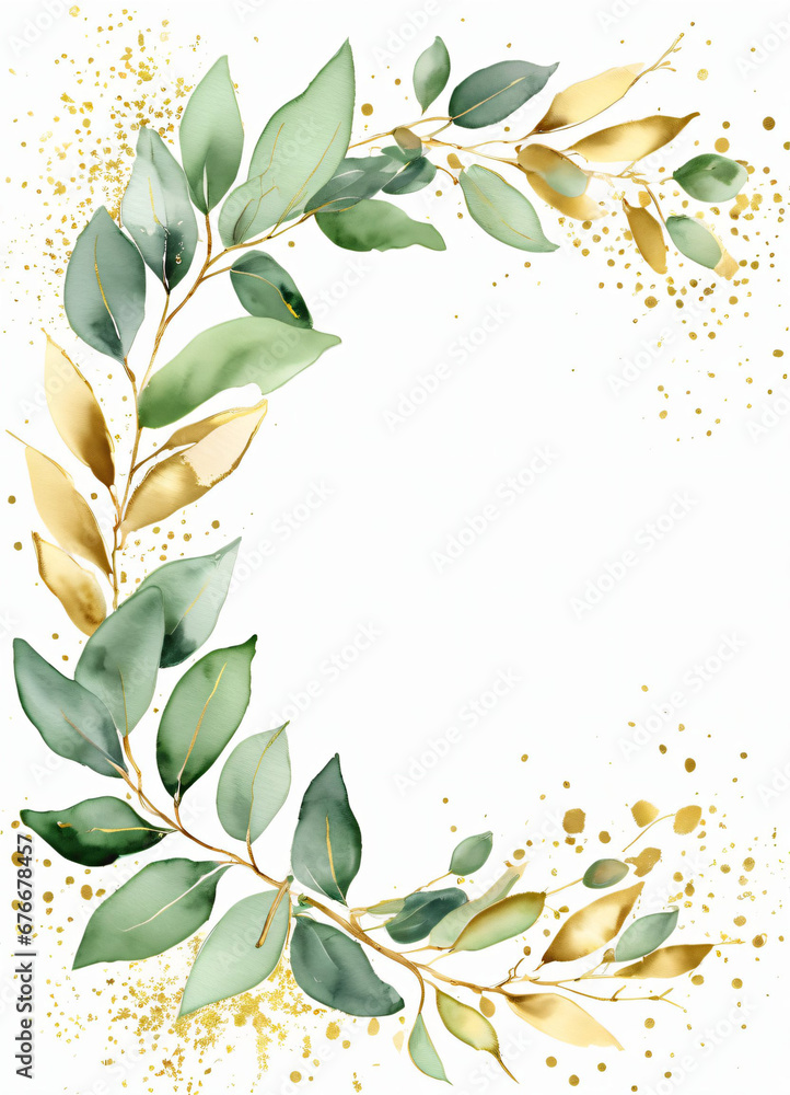 Watercolor Eucalyptus leaves greend and gold border design frame ...