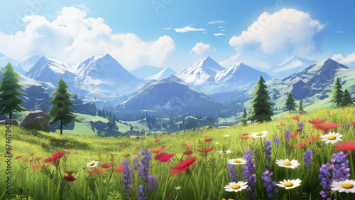 Amazing Cute Meadow Area with Mountains and Flowers © BornHappy