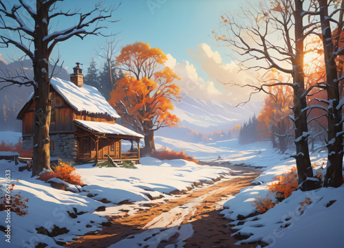 Paceful rustic winter landscape illustration photo