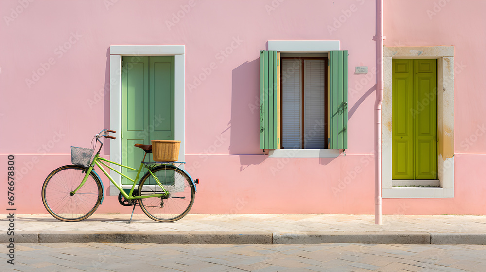 bicycle praked in front of a house