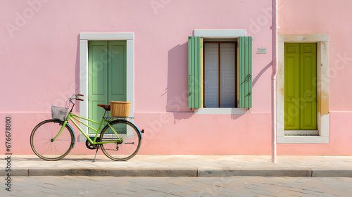 bicycle praked in front of a house