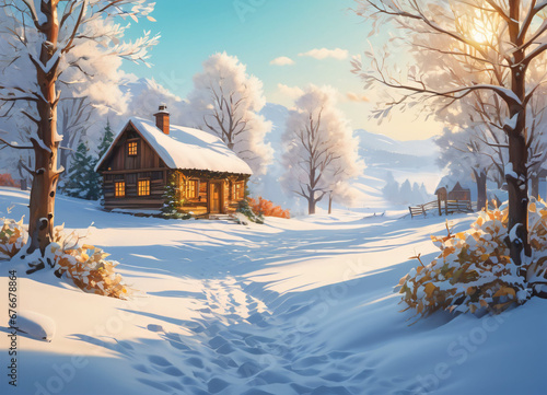 Paceful rustic winter landscape illustration photo