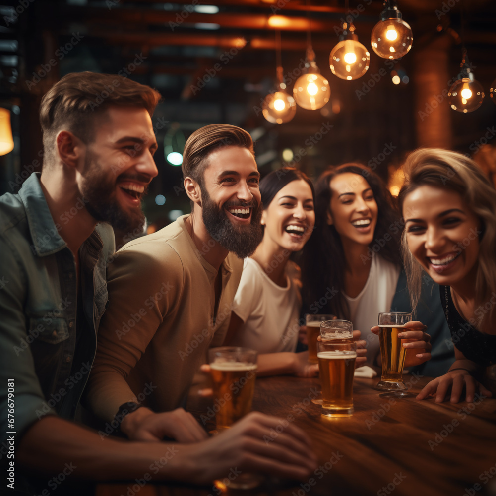 A cluster of individuals indulging in beer at a pub, delighted friends savoring the delights of happy hour while seated around a bar table.