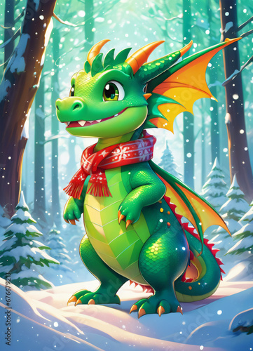 Chinese New Year green dragon  cartoon cute illustration