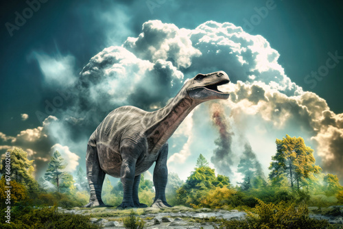 Diplodocus dinosaur on the ancient jungle. Dinosaur. Jurassic period. A huge monster. Global catastrophe. Death of the dinosaurs. © Anoo