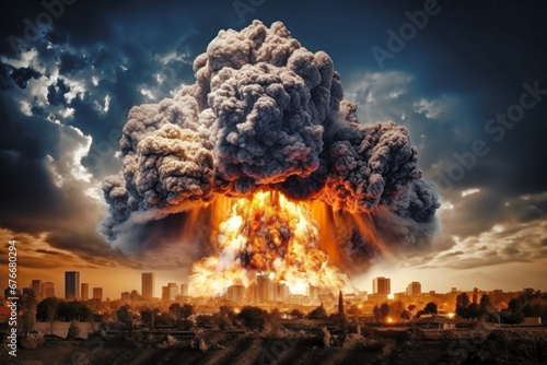 Explosion of nuclear bomb over city. Fire and smoke. Attack on a peaceful city. War