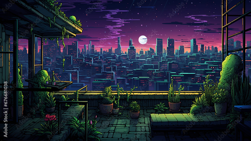 Fantastic Pixel Art Scene A Cyberpunk Rooftop Garden Stock Illustration ...