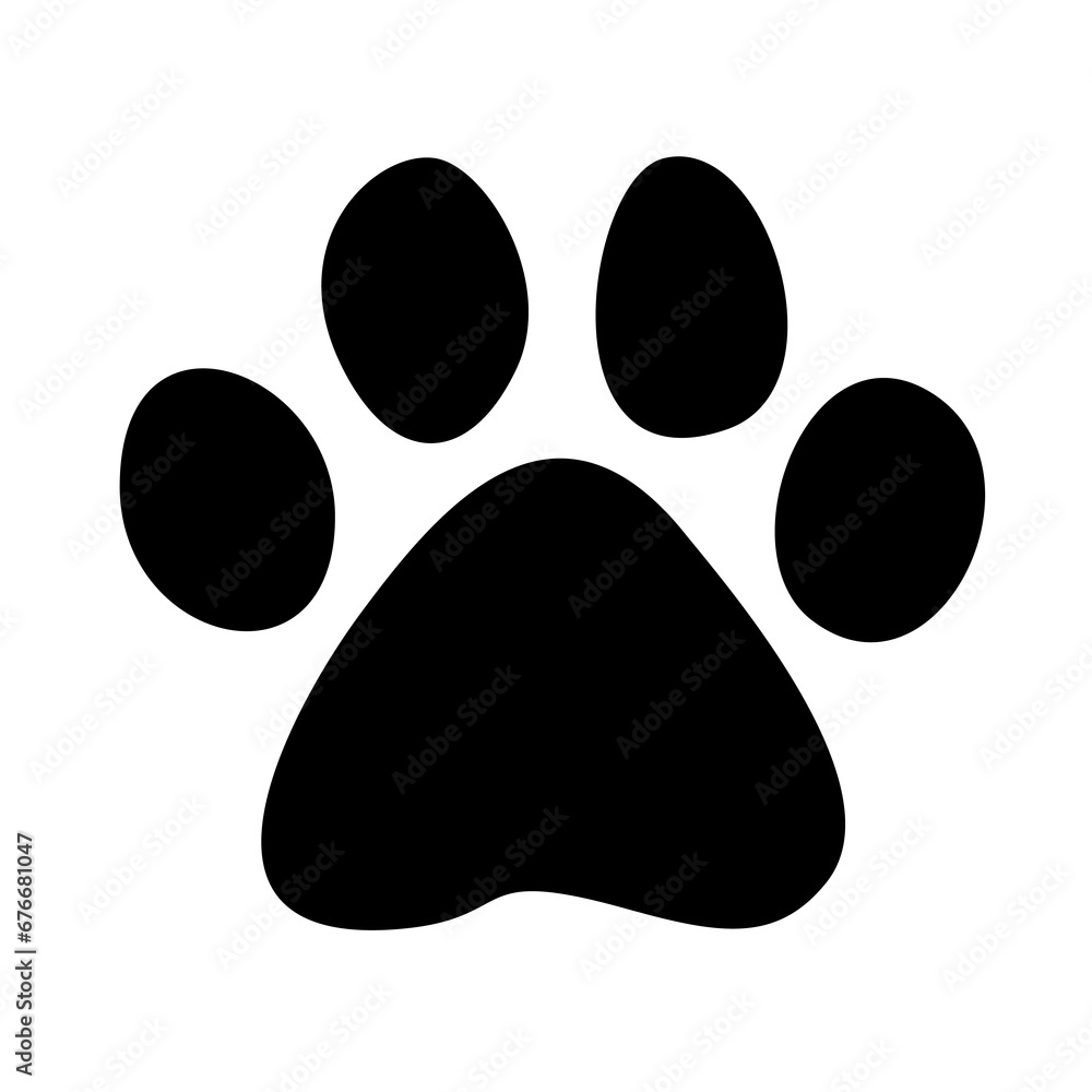 Black silhouette paw print isolated on white background. Dog or cat tracks icon. Vector illustration - obrazy, fototapety, plakaty 