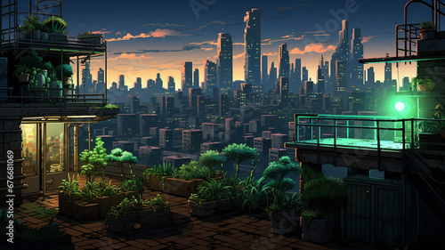 Amazing Pixel Art Scene A Cyberpunk Rooftop Garden