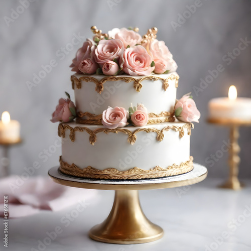 luxury wedding cake with pink roses on a stand