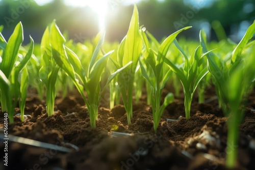 maize corn seedling in the agricultural plantation in the evening, animal feed agricultural industry.