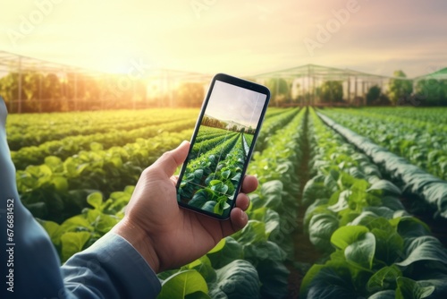 Agricultural concept, smart agriculture, industrial agriculture. Farmers' hands point to using augmented reality technology for control, monitoring and management on farms. photo