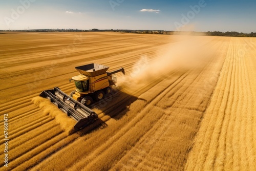 Harvester working in the field Agricultural harvester harvests golden ripe wheat field Agricultural aerial view