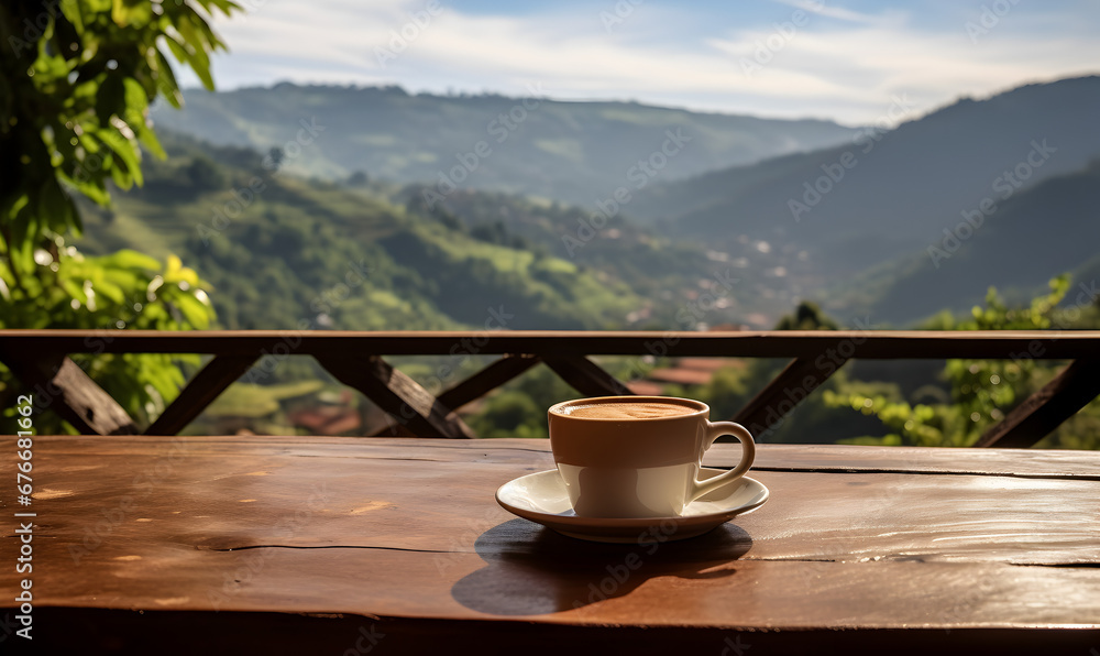 Fresh coffee on a wooden table with a scenic plantation backdrop, invoking a sense of peace. Fresh coffee on a wooden table with a scenic plantation backdrop, invoking a sense of peace.