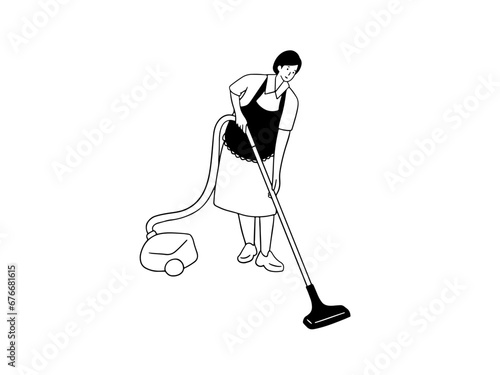 Hotel maid cleaning in hotel room with vacuum cleaner
