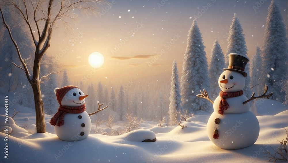 Obraz premium A Generative AI Christmas Landscape with Snowmen