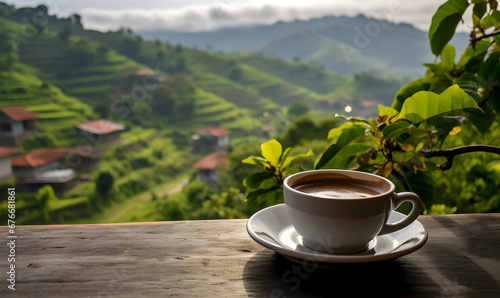 Fresh coffee on a wooden table with a scenic plantation backdrop, invoking a sense of peace.