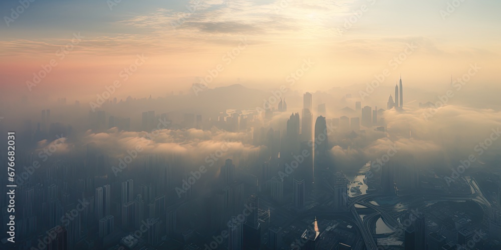 City veiled in sunrise. Aerial view with river and fog. Skyline and river amidst morning mist. Urban awakening over river and haze