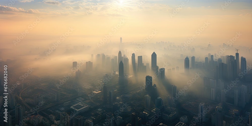 Fototapeta premium City veiled in sunrise. Aerial view with river and fog. Skyline and river amidst morning mist. Urban awakening over river and haze