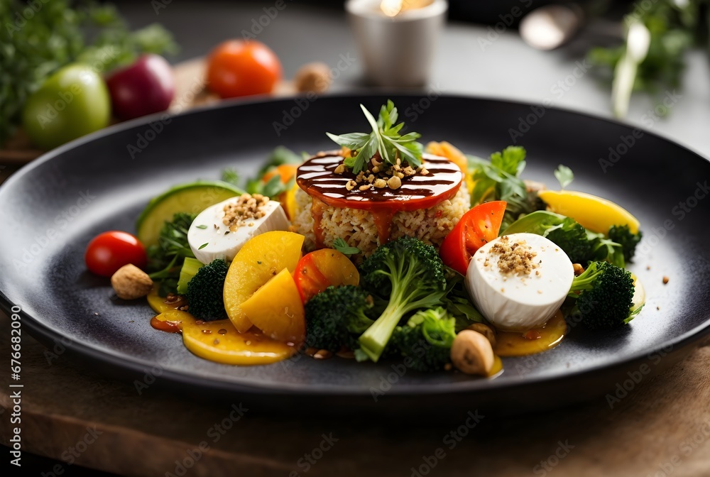 Food photography, colourful vegan dish perfectly arranged and served at vegan restaurant, Food photography, colourful vegan dish perfectly arranged and served at vegan restaurant,