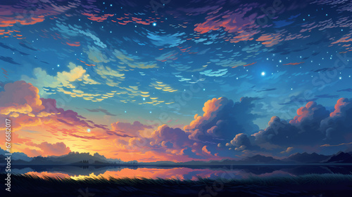 Beautiful Pixel Art Star Sky at Dawn Time © BornHappy