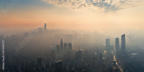 City veiled in sunrise. Aerial view with river and fog. Skyline and river amidst morning mist. Urban awakening over river and haze © Wuttichai