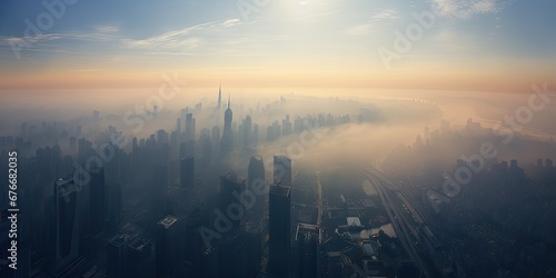 City veiled in sunrise. Aerial view with river and fog. Skyline and river amidst morning mist. Urban awakening over river and haze