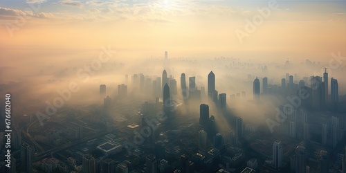 City veiled in sunrise. Aerial view with river and fog. Skyline and river amidst morning mist. Urban awakening over river and haze #676682040