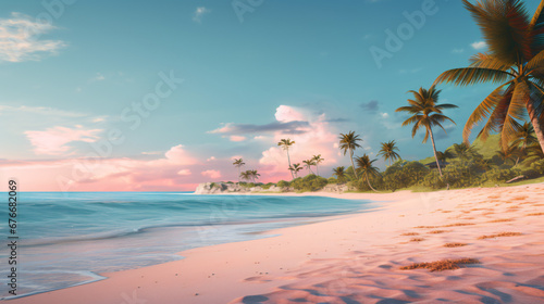 A beach with a pink sand and palm trees