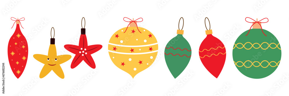 Christmas tree decorations isolated on a white background vector illustration set. Winter Holidays and Celebrations concept. Balls, star, icicle decor