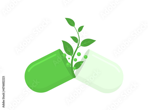Herbal green capsule vector flat illustration. Natural therapy and dietary supplements concept.