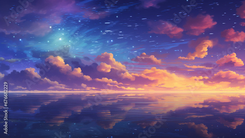 Nice Pixel Art Star Sky at Sunset Time © BornHappy