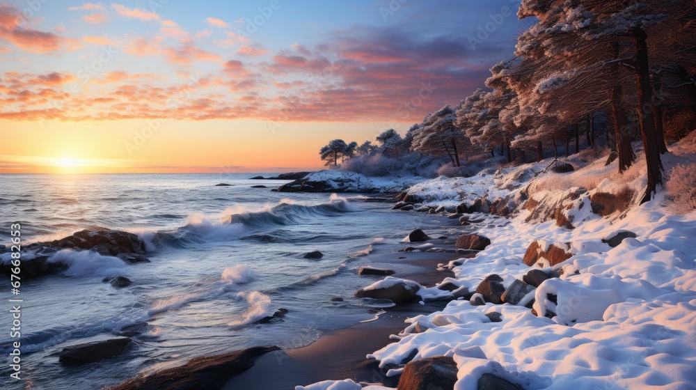 Coast Gulf Finland On Winter Evening, Desktop Wallpaper Backgrounds, Background HD For Designer
