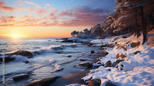 Coast Gulf Finland On Winter Evening, Desktop Wallpaper Backgrounds, Background HD For Designer photo
