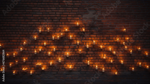 A brick wall with a bunch of lit candles on it