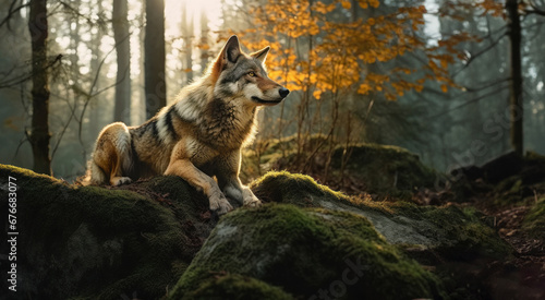 Ein Wolf im Herbstwald