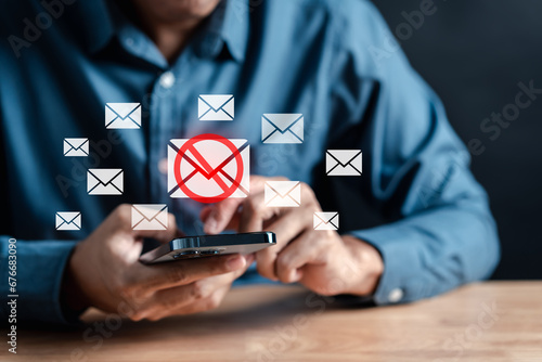 Fototapeta Naklejka Na Ścianę i Meble -  Blocked Email inbox and spam virus with warning caution for notification on internet letter security protect, junk and trash mail and compromised information.