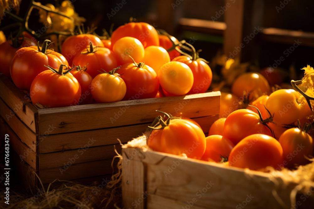 Harvest Glow. Sun-Kissed Tomatoes in Wooden Crates Harvest Glow. Sun-Kissed Tomatoes in Wooden Crates