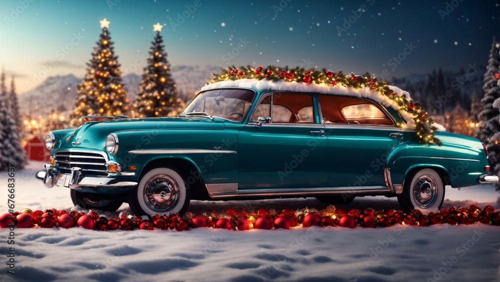 1956 Chevrolet BelAir Hardtop Coupe Niebieski zabytkowy samochód Christmas travel red car with boxes and gifts generative ai 


