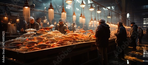 Customers waiting to order fish at the market, seafood, open fish market style photo
