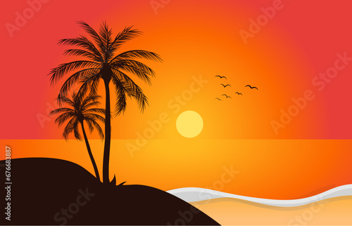 Fototapeta Naklejka Na Ścianę i Meble -  beautiful sunset beach orange color sea water landscape view vector