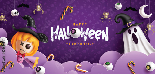 Happy halloween text vector design. Halloween trick or treat greeting in skull pattern purple background and papercut clouds decoration elements. Vector illustration invitation card design.
