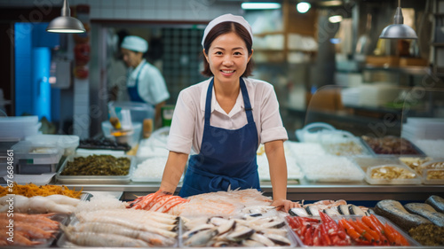 魚屋で働くアジア人女性