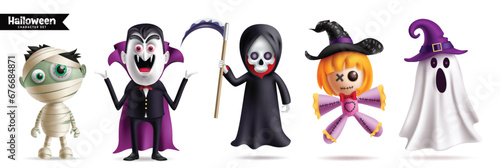 Halloween characters monsters vector set design. Halloween character like ghost, vampire, grim reaper and mummy mascot party collection isolated in white background. Vector illustration spooky  
