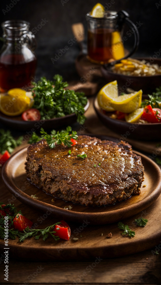 delicious fried meat steak on a wooden plate, professional photo, cinematic light, high quality product image, multicolored, beef, luxurious setting delicious fried meat steak on a wooden plate, professional photo, cinematic light, high quality product image, multicolored, beef, luxurious setting