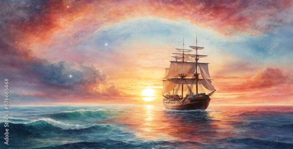 sailboat at sunset 
A ship in a ocean and sunset in blue sky with flying birds generated by AI tool ship in sea generative by AI technology generative ai

