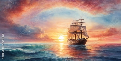 sailboat at sunset A ship in a ocean and sunset in blue sky with flying birds generated by AI tool ship in sea generative by AI technology generative ai