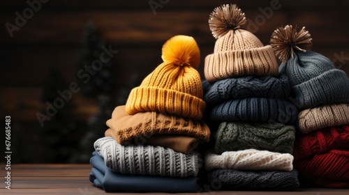 Pile Knitted Winter Clothes On Wooden, Desktop Wallpaper Backgrounds, Background HD For Designer