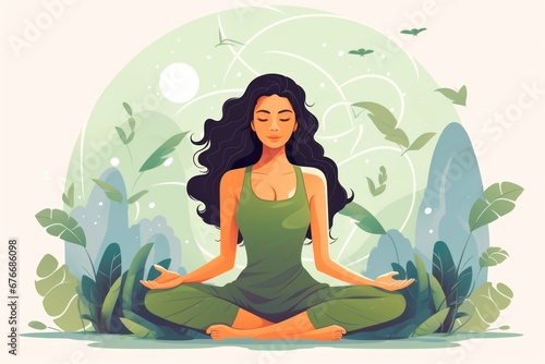 illustration oa a  woman practicing yoga and meditation in lotus pose with lotus flowers 