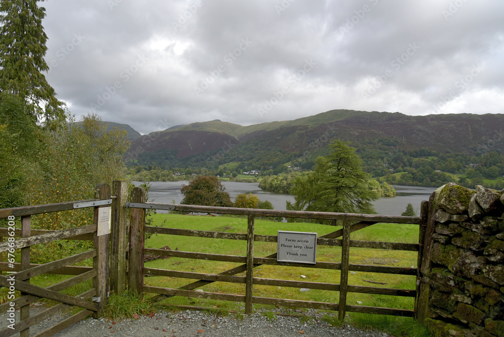 Wooden gate above the lake at Grasmere in the Lake District
